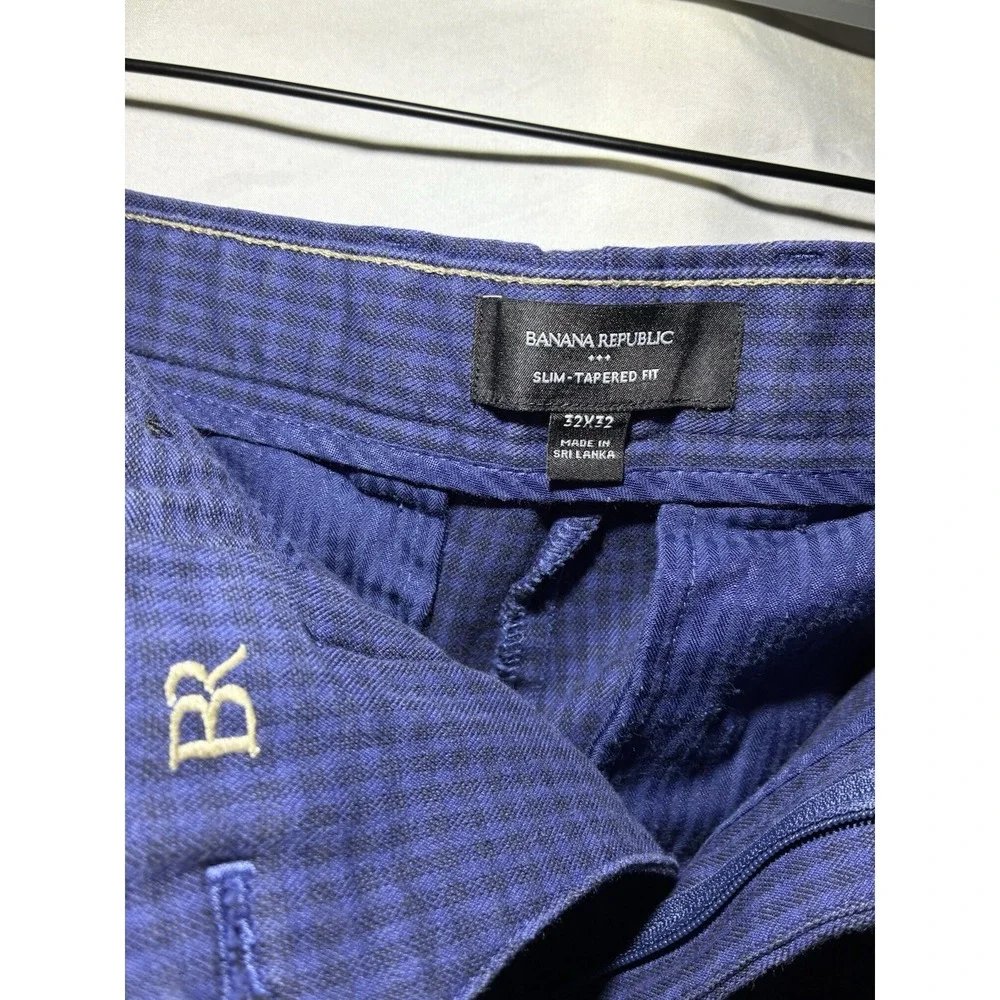 Banana Republic Men's 32x32 Slim Tapered Fit Blue Check Pattern Stretch Fit